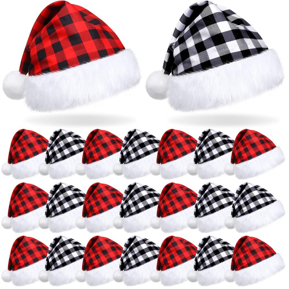 3631 24 Pieces Santa Hat Christmas Santa Hat Plaid Christmas headdress